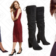 Pilcro Script High-Rise Tuxedo Stripe Jeans, $48 | Marian Lace Column Dress, $120 | Farylrobin Sofia Boots, $84 | Miaou Turtleneck, $30
